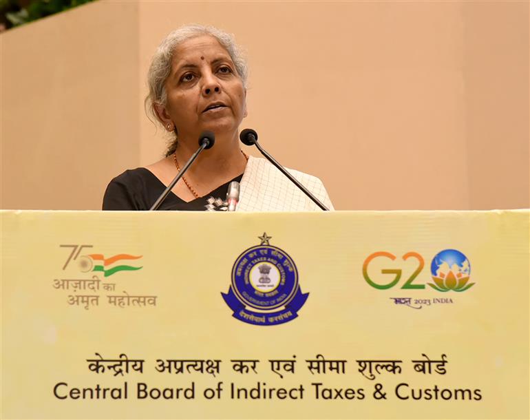 The Union Minister for Finance and Corporate Affairs, Smt. Nirmala Sitharaman addressing the gathering at the inauguration of ‘PRATIDIN’ a web based daily performance management system in CBIC at the GST Day 2023 event  at Vigyan Bhawan, in New Delhi on July 01, 2023. 