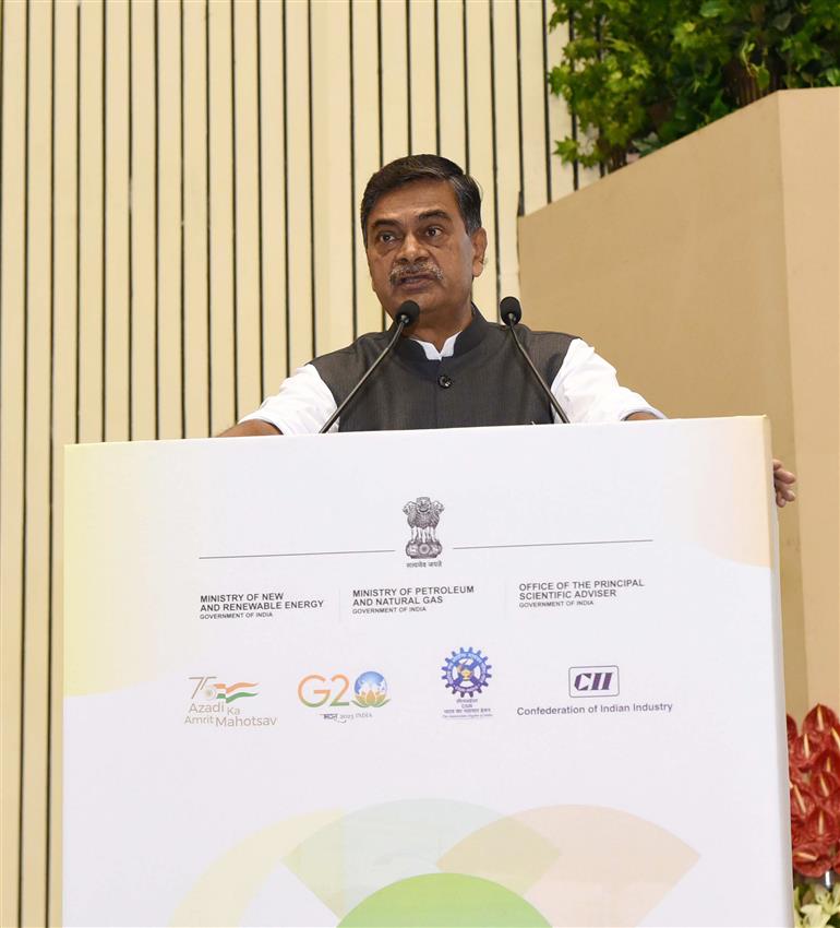 The Union Minister of Power, New and Renewable Energy, Shri Raj Kumar Singh addressing at the inauguration of the International Conference on Green Hydrogen (ICGH 2023) at Vigyan Bhawan, in New Delhi on July 05, 2023.