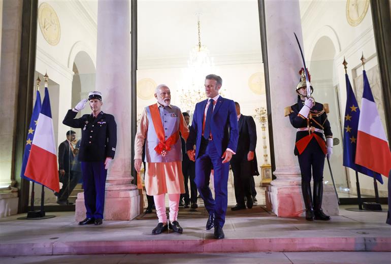 PM being conferred with the ‘Grand Cross of the Legion of Honour’- France’s highest award by the President of the France, Mr. Emmanuel Macron at Elysee Palace, in Paris, France on July 13, 2023.