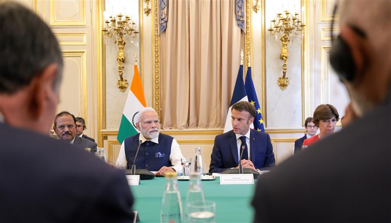 PM with the President of France, Mr. Emmanuel Macron at the India-France CEO Forum at Elysee Palace, in Paris, France on July 14, 2023. 