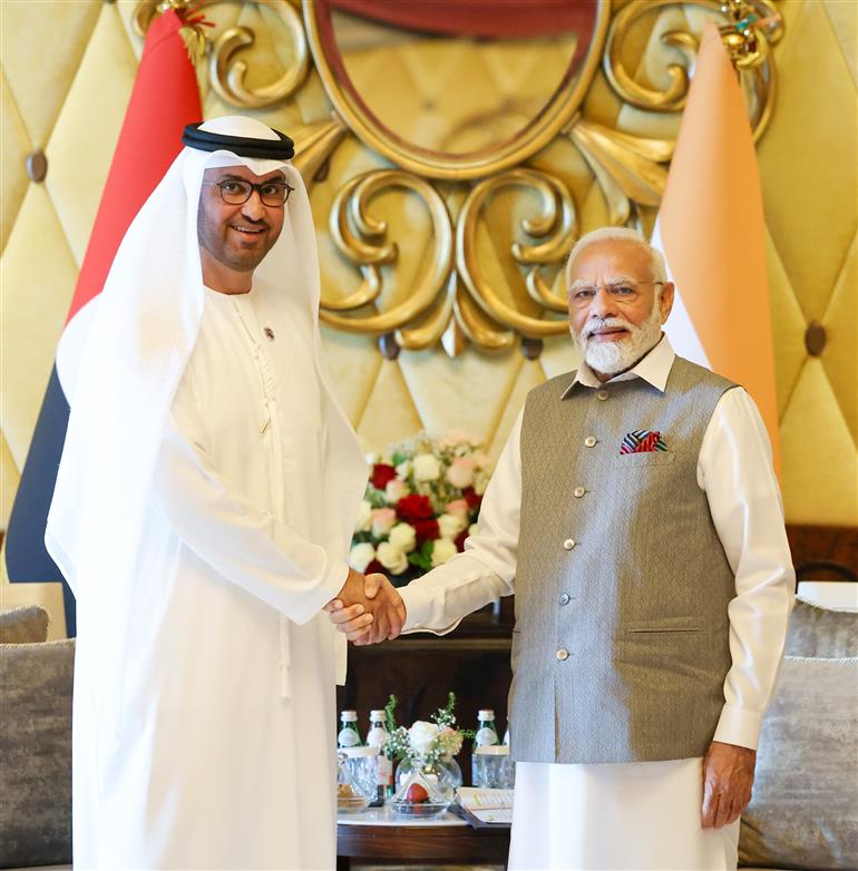 PM meets the President-Designate for COP28 and Group CEO of Abu Dhabi National Oil Company, Dr. Sultan Al Jaber, in Abu Dhabi, UAE on July 15, 2023.