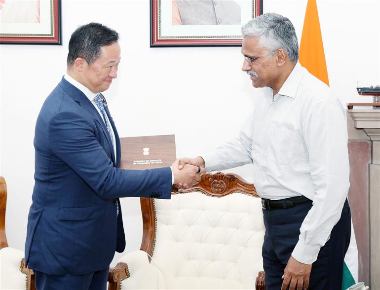 The State Minister of Cabinet Office, Japan, Mr. Yoshiaki Wada calls on the Defence Secretary, Shri Giridhar Aramane, in New Delhi on July 19, 2023.