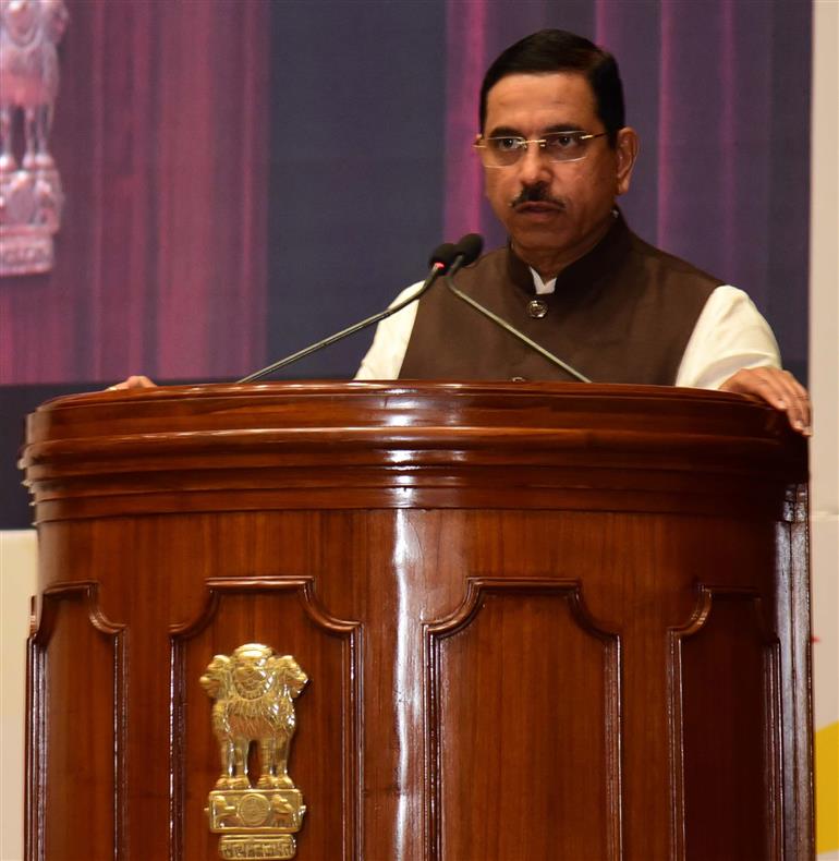 The Union Minister for Parliamentary Affairs, Coal and Mines, Shri Pralhad Joshi addressing at the event of National Geoscience Awards-2022 at Rashtrapati Bhavan Cultural Centre, in New Delhi on July 24, 2023. 