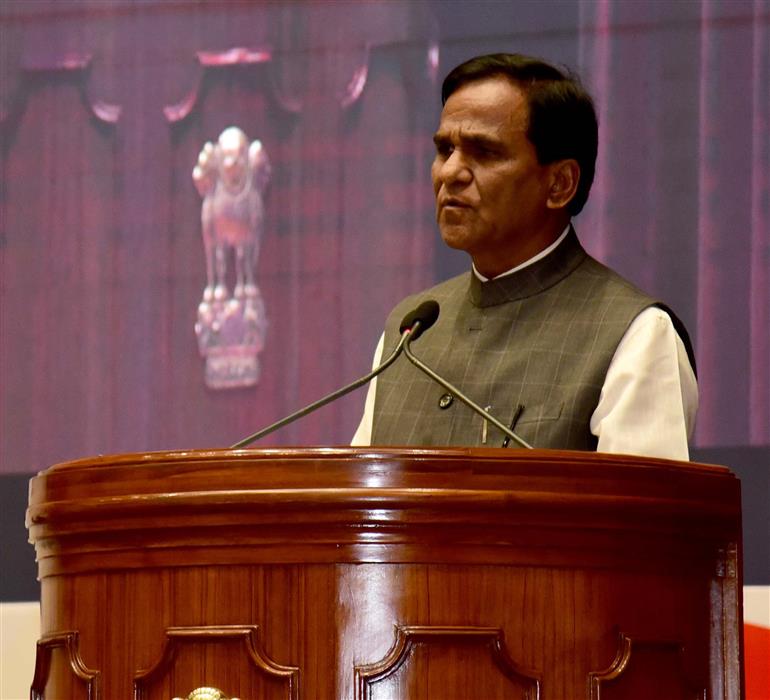 The Minister of State for Railways, Coal and Mines, Shri Danve Raosaheb Dadarao addressing at the event of National Geoscience Awards-2022 at Rashtrapati Bhavan Cultural Centre, in New Delhi on July 24, 2023. 