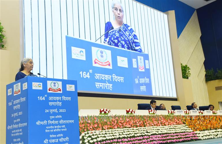 The Union Minister for Finance and Corporate Affairs, Smt. Nirmala Sitharaman addressing the 164th anniversary of Income Tax Day celebrations at Vigyan Bhavan, in New Delhi on July 24, 2023.