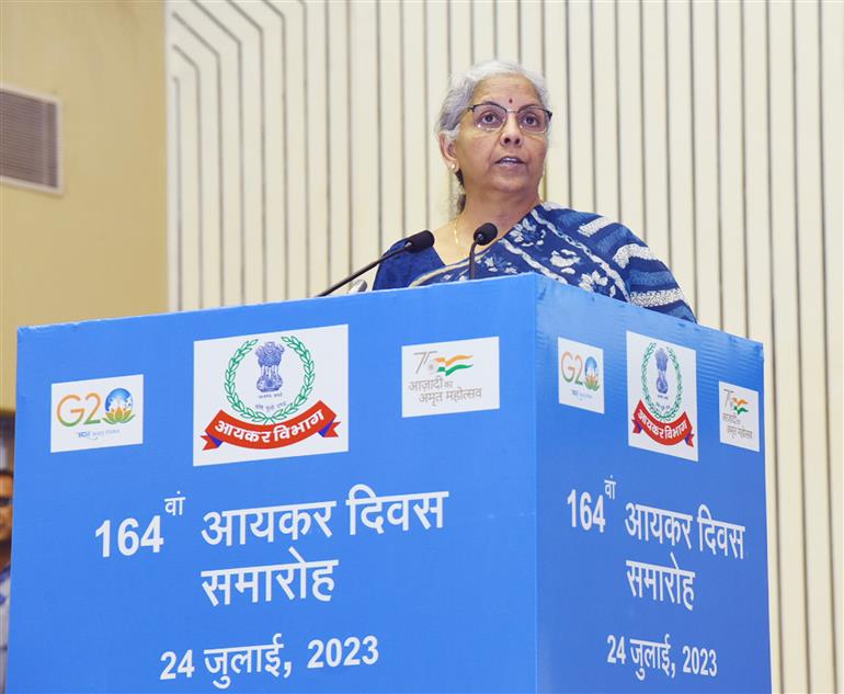 The Union Minister for Finance and Corporate Affairs, Smt. Nirmala Sitharaman addressing the 164th anniversary of Income Tax Day celebrations at Vigyan Bhavan, in New Delhi on July 24, 2023.