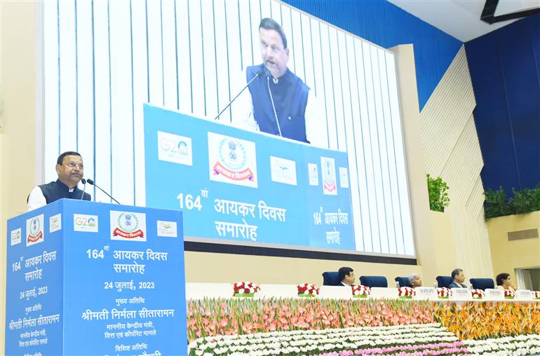 The Minister of State for Finance, Shri Pankaj Chaudhary addressing the 164th anniversary of Income Tax Day celebrations at Vigyan Bhavan, in New Delhi on July 24, 2023.