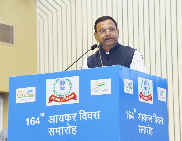 The Minister of State for Finance, Shri Pankaj Chaudhary addressing the 164th anniversary of Income Tax Day celebrations at Vigyan Bhavan, in New Delhi on July 24, 2023.