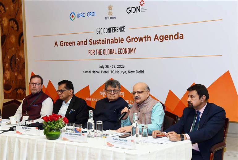 The Chief Executive Officer (CEO), NITI Aayog, Shri BVR Subrahmanyam briefing the media at G20 Conference A Green and Sustainable Growth Agenda for the Global Economy in the presence of the Vice Chairman, NITI Aayog, Shri Suman Bery, in New Delhi on July 29, 2023.