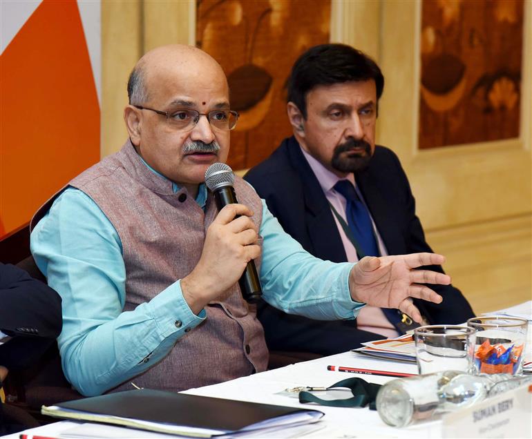 The Chief Executive Officer (CEO), NITI Aayog, Shri BVR Subrahmanyam briefing the media at G20 Conference A Green and Sustainable Growth Agenda for the Global Economy in the presence of the Vice Chairman, NITI Aayog, Shri Suman Bery, in New Delhi on July 29, 2023.