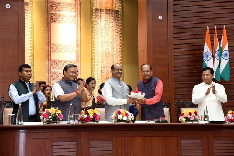 The Speaker of Lok Sabha, Shri Om Birla receives warm welcome by the Speaker of Assam Legislative Assembly, Shri Biswajit Daimary at the inauguration of the new building of Assam Legislative Assembly, in Guwahati on July 30, 2023.