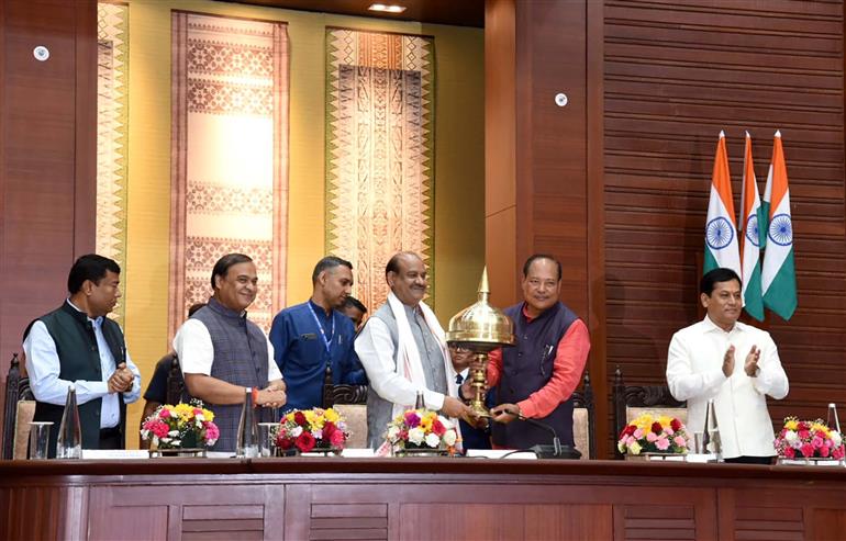 The Speaker of Lok Sabha, Shri Om Birla receives warm welcome by the Speaker of Assam Legislative Assembly, Shri Biswajit Daimary at the inauguration of the new building of Assam Legislative Assembly, in Guwahati on July 30, 2023.