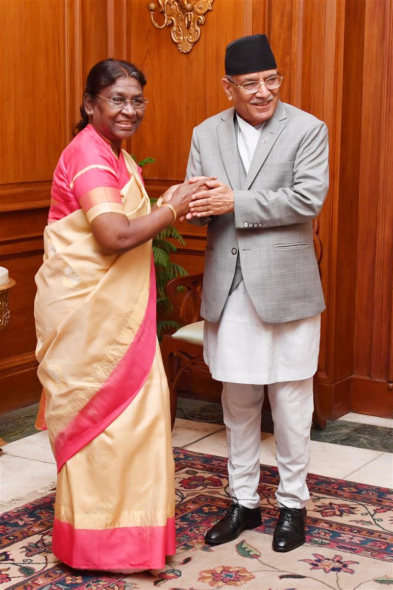 The Prime Minister of Nepal, Shri Pushpa Kamal Dahal calling on the President of India, Smt. Droupadi Murmu at Rashtrapati Bhavan, in New Delhi on June 01, 2023.