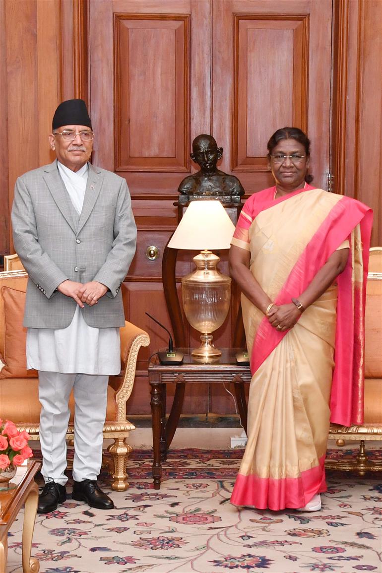 The Prime Minister of Nepal, Shri Pushpa Kamal Dahal calling on the President of India, Smt. Droupadi Murmu at Rashtrapati Bhavan, in New Delhi on June 01, 2023.