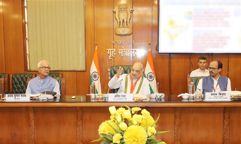 The Union Minister for Home Affairs and Cooperation, Shri Amit Shah chairs high level meeting to review overall preparedness for flood management in the context of upcoming monsoon, in New Delhi on June 02, 2023.