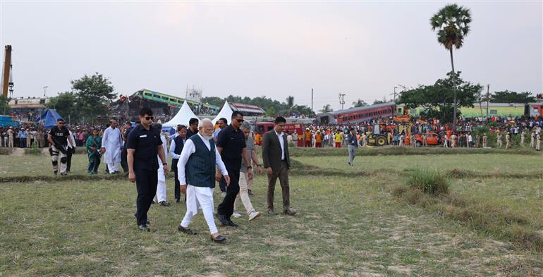 PM visits train accident site at Balasore, in Odisha on June 03, 2023.