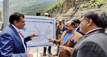The Minister of State (Independent Charge) for Science & Technology, Prime Minister’s Office, Personnel, Public Grievances & Pensions, Atomic Energy and Space, Dr. Jitendra Singh along with NHPC Chairman, Shri Rajiv Vishnoi, the Deputy Commissioner Kishtwar, Dr. Devansh Yadav and officials of Central and UT governments inspecting the progress of work at Hydropower project site at Dul Hasti, Kishtwar, in Jammu and Kashmir on June 03, 2023.