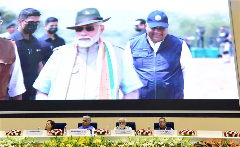 The Union Minister for Environment, Forest & Climate Change, Labour & Employment, Shri Bhupender Yadav and the Minister of State for Consumer Affairs, Food & Public Distribution, Environment, Forest and Climate Change, Shri Ashwini Kumar Choubey attend at World Environment Day celebrations, in New Delhi on June 05, 2023.