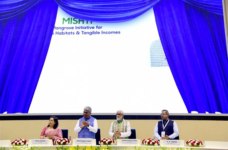The Union Minister for Environment, Forest & Climate Change, Labour & Employment, Shri Bhupender Yadav and the Minister of State for Consumer Affairs, Food & Public Distribution, Environment, Forest and Climate Change, Shri Ashwini Kumar Choubey attend at World Environment Day celebrations, in New Delhi on June 05, 2023.