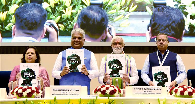 The Union Minister for Environment, Forest & Climate Change, Labour & Employment, Shri Bhupender Yadav and the Minister of State for Consumer Affairs, Food & Public Distribution, Environment, Forest and Climate Change, Shri Ashwini Kumar Choubey attend at World Environment Day celebrations, in New Delhi on June 05, 2023.