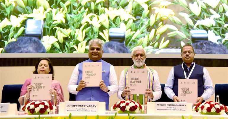 The Union Minister for Environment, Forest & Climate Change, Labour & Employment, Shri Bhupender Yadav and the Minister of State for Consumer Affairs, Food & Public Distribution, Environment, Forest and Climate Change, Shri Ashwini Kumar Choubey attend at World Environment Day celebrations, in New Delhi on June 05, 2023.