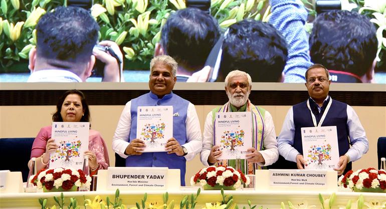 The Union Minister for Environment, Forest & Climate Change, Labour & Employment, Shri Bhupender Yadav and the Minister of State for Consumer Affairs, Food & Public Distribution, Environment, Forest and Climate Change, Shri Ashwini Kumar Choubey attend at World Environment Day celebrations, in New Delhi on June 05, 2023.