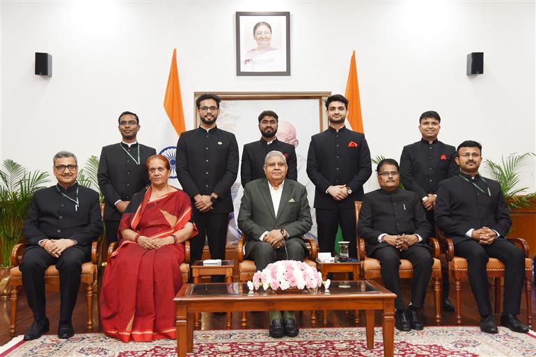 The Vice President, Shri Jagdeep Dhankhar with Officer Trainees of the Indian Defence Estates Service (IDES) at Upa-Rashtrapati Nivas, in New Delhi on June 06, 2023.