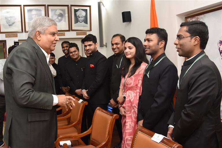 The Vice President, Shri Jagdeep Dhankhar interacting with Officer Trainees of the Indian Defence Estates Service (IDES) at Upa-Rashtrapati Nivas, in New Delhi on June 06, 2023.