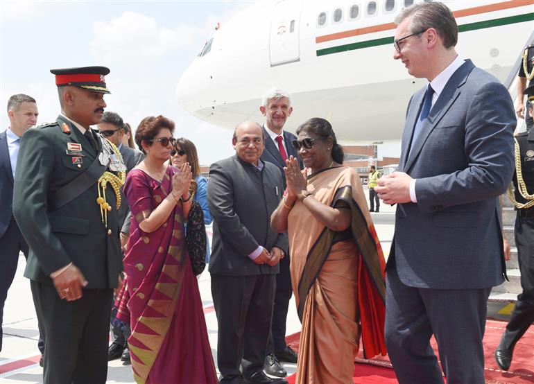 The President of India, Smt Droupadi Murmu arrives at Belgrade, in Serbia on June 07, 2023.
