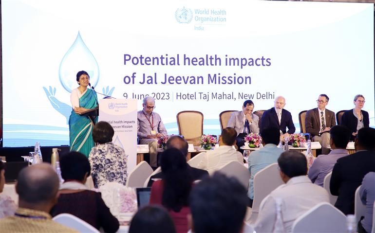 The Secretary, Department of Drinking Water and Sanitation, Smt Vini Mahajan addressing at the occasion of “Potential health impacts of Jal Jeevan Mission” in New Delhi on June 09, 2023.
