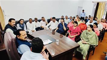 The Minister of State (Independent Charge) for Science & Technology, Prime Minister’s Office, Personnel, Public Grievances & Pensions, Atomic Energy and Space, Dr. Jitendra Singh holding a review meeting with PRIs and district administration to review the progress of ongoing developmental works at Udhampur, in Jammu and Kashmir on June 10, 2023.