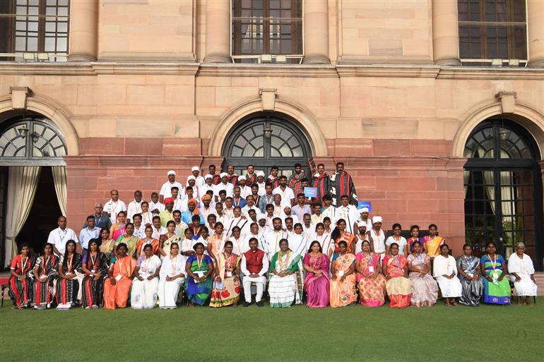  The President of India, Smt Droupadi Murmu in a group photograph with the members of 75 Particularly Vulnerable Tribal Groups (PVTGs) from various States and Union Territories at Rashtrapati Bhavan, in New Delhi on June 12, 2023.