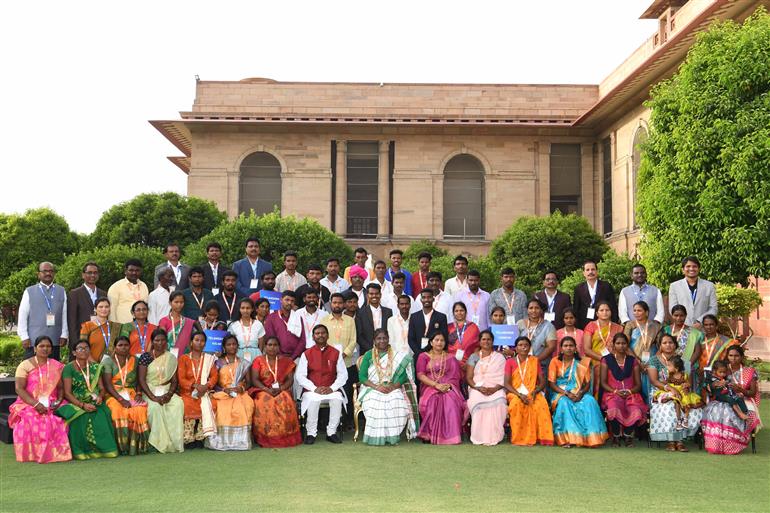  The President of India, Smt Droupadi Murmu in a group photograph with the members of 75 Particularly Vulnerable Tribal Groups (PVTGs) from various States and Union Territories at Rashtrapati Bhavan, in New Delhi on June 12, 2023.