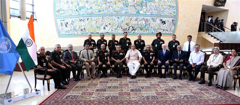  The Union Minister for Defence, Shri Rajnath Singh at the special commemorative seminar organised by the Indian Army to celebrate 75 years of UN Peacekeeping, in New Delhi on June 13, 2023. The Chief of Defence Staff General Anil Chauhan, the Chief of the Army Staff General Manoj Pande, UN Resident Coordinator for India, Mr Shombi Sharp, the Secretary (Ex-Servicemen Welfare), Shri Vijoy Kumar Singh and the Secretary, Department of Defence R&D and Chairman DRDO Dr Samir V Kamat are also seen.