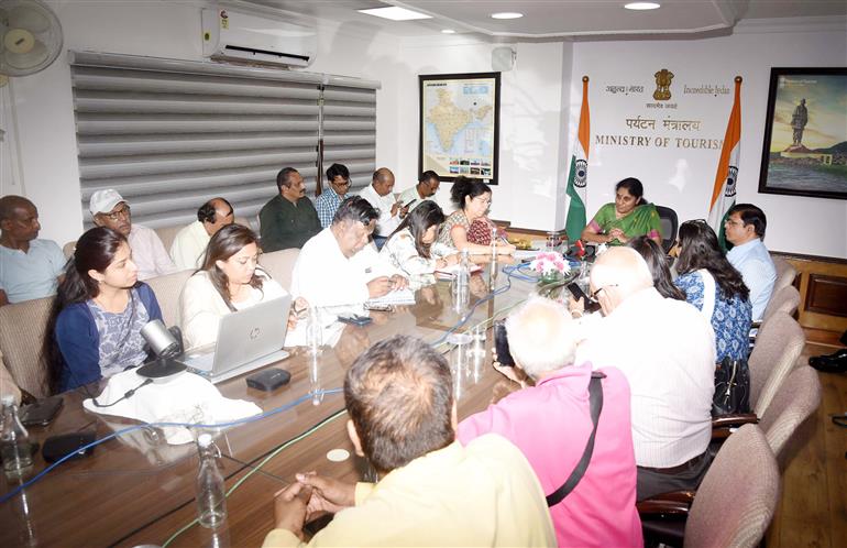 The Secretary of Tourism, Smt V Vidyavathi briefing the media about 4th Tourism Working Group meeting under India’s G20 Presidency to be held in Goa from 19 to 22 June, in New Delhi on June 14, 2023.