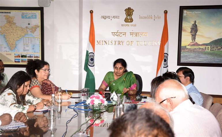 The Secretary of Tourism, Smt V Vidyavathi briefing the media about 4th Tourism Working Group meeting under India’s G20 Presidency to be held in Goa from 19 to 22 June, in New Delhi on June 14, 2023.