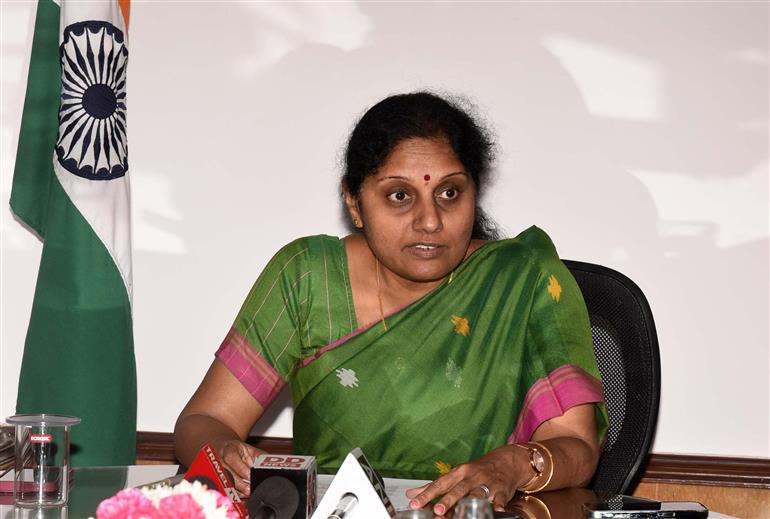 The Secretary of Tourism, Smt V Vidyavathi briefing the media about 4th Tourism Working Group meeting under India’s G20 Presidency to be held in Goa from 19 to 22 June, in New Delhi on June 14, 2023.