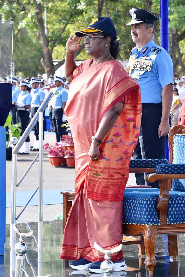 The President of India, Smt Droupadi Murmu reviews the Combined Graduation Parade at Air Force Academy at Dundigal, in Hyderabad on June 17, 2023.