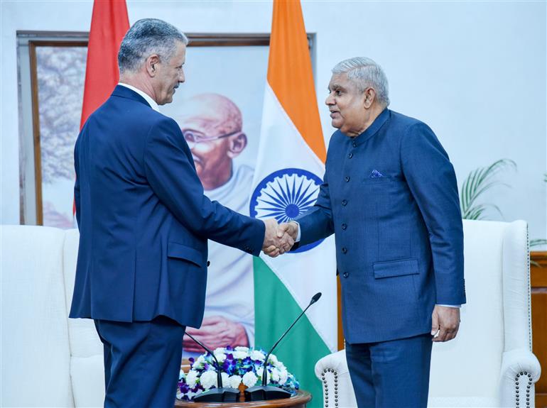 The Deputy Prime Minister for Energy Affairs and Minister of Oil, Iraq, Mr. Hayan Abdul Ghani Al-Swad calls on the Vice-President, Shri Jagdeep Dhankhar at the Upa-Rashtrapati Nivas, in New Delhi on June 19, 2023.