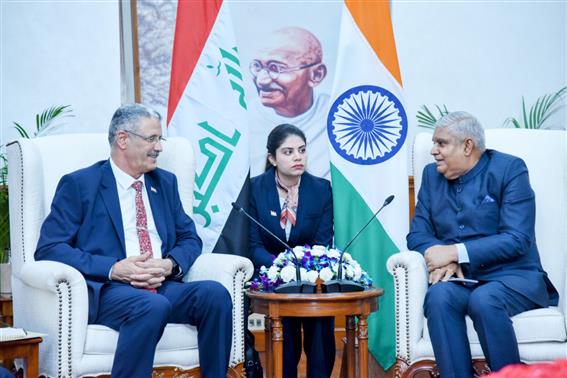 The Deputy Prime Minister for Energy Affairs and Minister of Oil, Iraq, Mr. Hayan Abdul Ghani Al-Swad calls on the Vice-President, Shri Jagdeep Dhankhar at the Upa-Rashtrapati Nivas, in New Delhi on June 19, 2023.