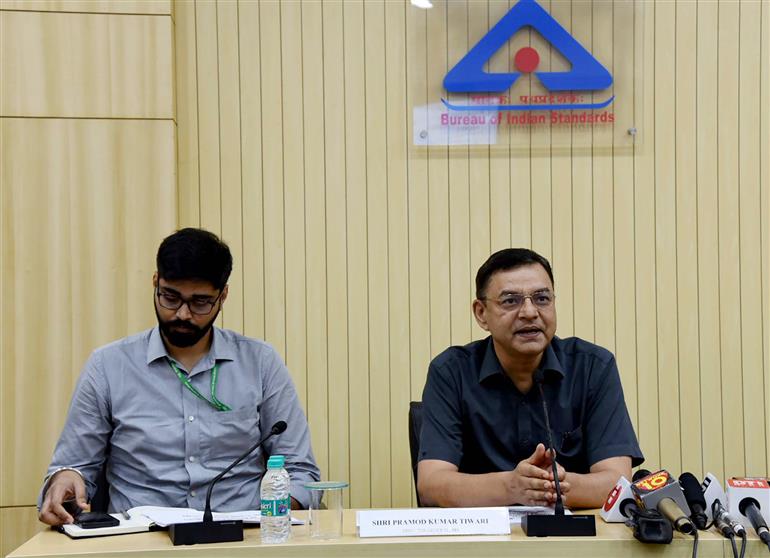 The Director General, Bureau of Indian Standards (BIS), Shri Pramod Kumar Tiwari addressing a press conference on “Quality Control Order for Footwear and other important Products”, in New Delhi on June 19, 2023.