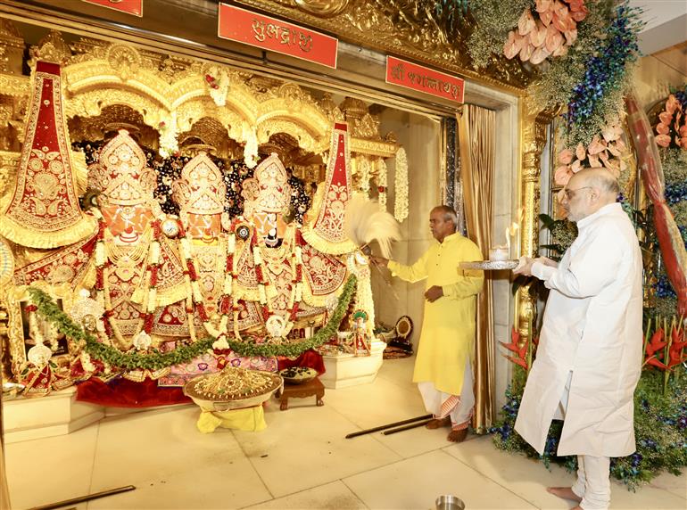 The Union Minister for Home Affairs and Cooperation, Shri Amit Shah offering prayers at Jagannath Temple, in Gujarat on June 20, 2023.