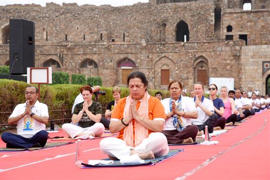 The Minister of State for External Affairs and Culture, Smt. Meenakashi Lekhi practising Yoga on the occasion of International Yoga Day 2023 at Purana Qila, in New Delhi on June 21, 2023.:Ministry of Culture