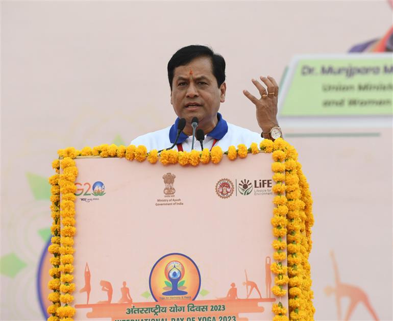 The Union Minister for Ports, Shipping, Waterways and AYUSH, Shri Sarbananda Sonowal addressing at the occasion of International Yoga Day, in Jabalpur on June 21, 2023.:AYUSH