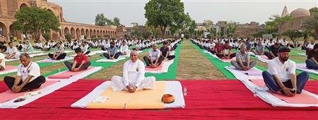 The Union Minister for Law and Justice, Minister of State for Parliamentary Affairs and Culture, Shri Arjun Ram Meghwal participates in Yoga on the occasion of International Yoga Day 2023 organized by Ministry of Culture at Nur Mahal Sarai (Jalandhar), in Punjab on June 21, 2023.:Ministry of Culture