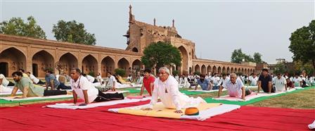 The Union Minister for Law and Justice, Minister of State for Parliamentary Affairs and Culture, Shri Arjun Ram Meghwal participates in Yoga on the occasion of International Yoga Day 2023 organized by Ministry of Culture at Nur Mahal Sarai (Jalandhar), in Punjab on June 21, 2023.:Ministry of Culture