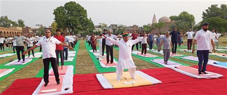 The Union Minister for Law and Justice, Minister of State for Parliamentary Affairs and Culture, Shri Arjun Ram Meghwal participates in Yoga on the occasion of International Yoga Day 2023 organized by Ministry of Culture at Nur Mahal Sarai (Jalandhar), in Punjab on June 21, 2023.:Ministry of Culture