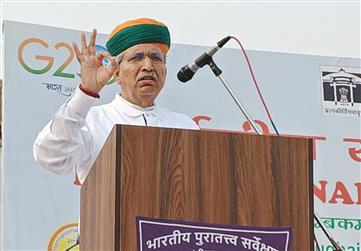 The Union Minister for Law and Justice, Minister of State for Parliamentary Affairs and Culture, Shri Arjun Ram Meghwal addressing at the International Yoga Day 2023 organized by Ministry of Culture at Nur Mahal Sarai (Jalandhar), in Punjab on June 21, 2023.:Ministry of Culture