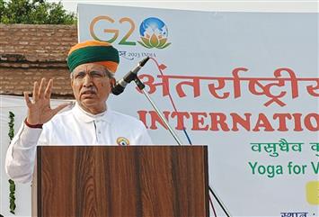 The Union Minister for Law and Justice, Minister of State for Parliamentary Affairs and Culture, Shri Arjun Ram Meghwal addressing at the International Yoga Day 2023 organized by Ministry of Culture at Nur Mahal Sarai (Jalandhar), in Punjab on June 21, 2023.:Ministry of Culture