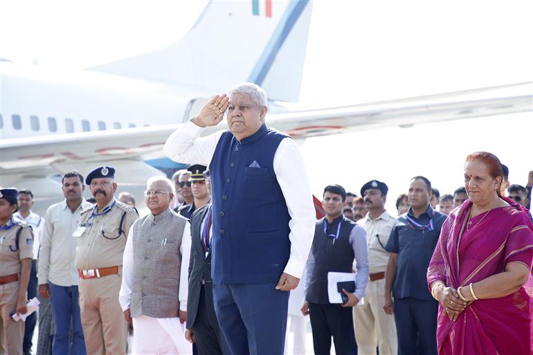 The Vice President and Chairman of Rajya Sabha, Shri Jagdeep Dhankhar inspecting the Guard of Honour at Dumna Airport (Jabalpur), in Madhya Pradesh on June 20, 2023.